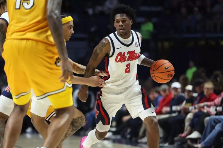 Ole Miss guard AJ Storr in action against Missouri in a SEC basketball game in Oxford. | Ole Miss Athletics