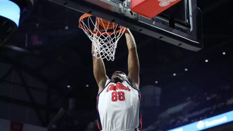 Ole Miss junior Augusto Cassiá throws down a slam dunk against Missouri. | Ole Miss Athletics