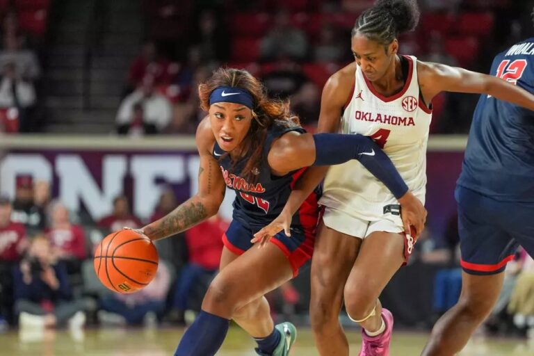Ole Miss senior Cotie McMahon drives to the basket against Oklahoma. | Ole Miss Athletics