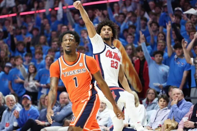 Ole Miss freshman Patton Pinkins watches his shot fall in against Auburn. | Ole Miss Athletics