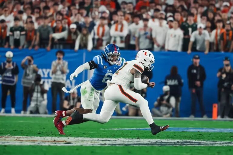 Ole Miss linebacker TJ Dottery makes a tackle during the CFP semifinal game against Miami. | Ole Miss Athletics