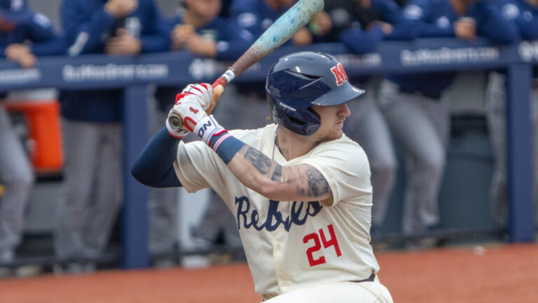 Ole Miss Rebels Austin Fawley waiting on a pitch against Nevada