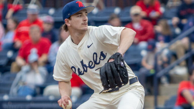 Ole Miss Rebels pitcher Cade Townsend delivering a pitch against Nevada