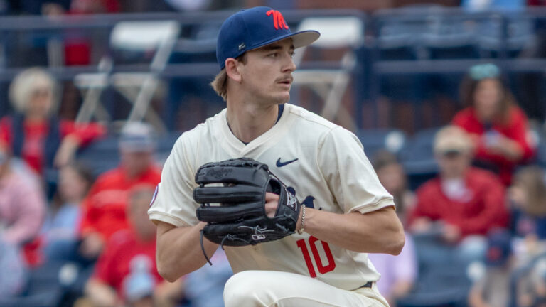 Ole Miss Rebels pitcher Cade Townsend delivering a pitch against Nevad