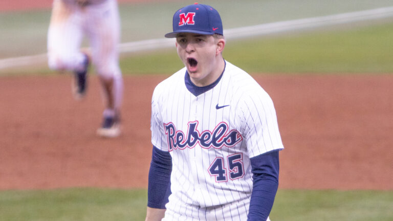 Ole Miss Rebels pitcher Will Libbert on mound against Nevada