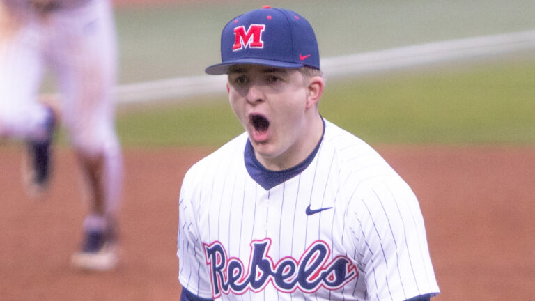 Ole Miss Rebels pitcher Will Libbert on mound against Nevada