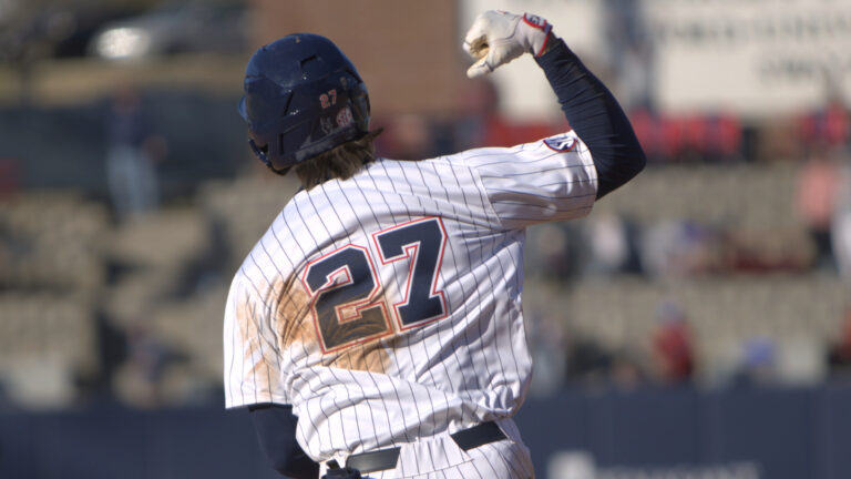 Ole Miss' Judd Utermark celebrates his game-tying home run Sunday against Missouri State. | Dylan Cohron/HottyToddy.com