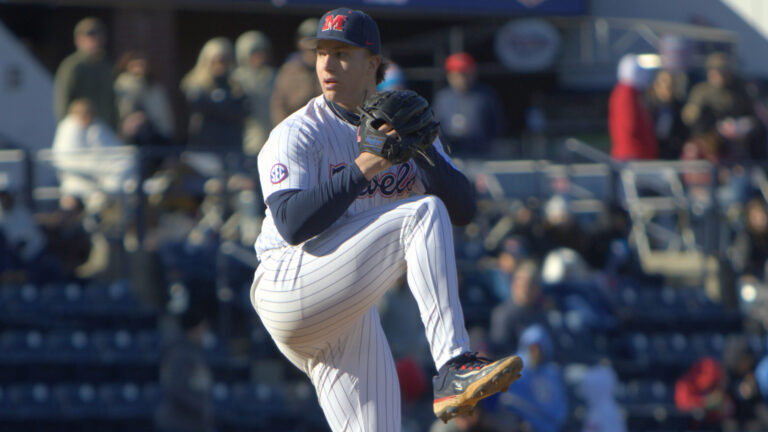Ole Miss relief pitcher Walker Hooks threw a pair of perfect innings Sunday against Missouri State. | Dylan Cohron/HottyToddy.com