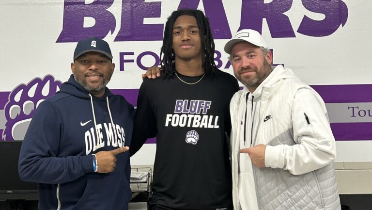Ole Miss defensive head coach Bryan Brown, cherokee Bluff's Dylan Haley and Ole Miss head coach Pete Golding. | Photo Credit: Dylan Haley/X