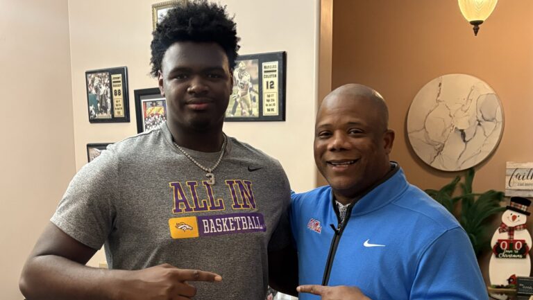 Sam Houston (La.) lineman Albert Simien with Ole Miss coach Frank Wilson. | Photo Credit: Albert Simien/X