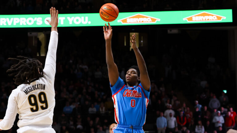Ole Miss forward Malik Dia puts up a shot against No. 15 Vanderbilt on Saturday in Nashville. | Ole Miss Athletics