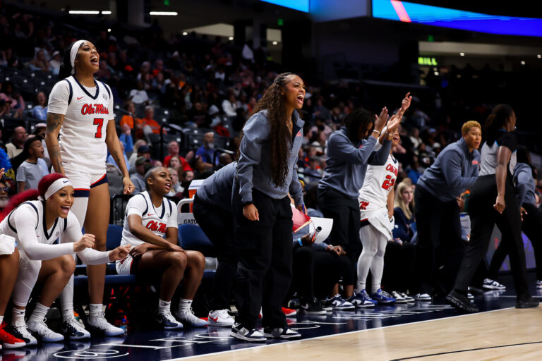 Ole Miss players and coaches react during Monday night's dominant win against Auburn. | Ole Miss Athletics
