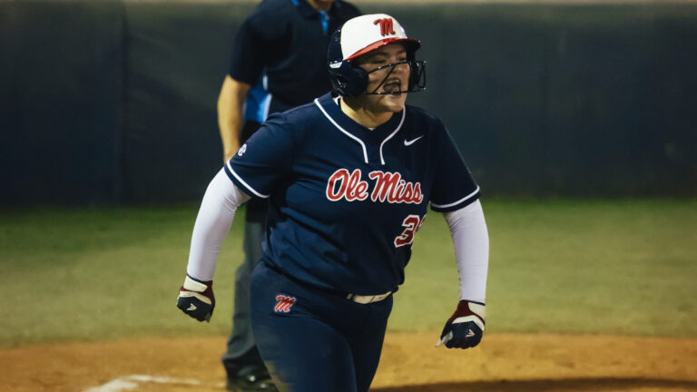 Ole Miss freshman Madi George celebrates after a home run in Thursday's season-opening double-header against Cal State Fullerton. | Ole Miss Athletics