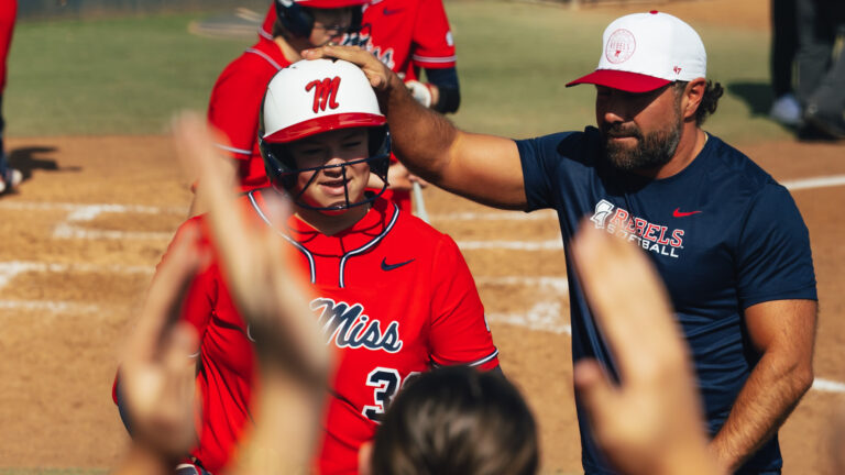 Ole Miss freshman Madi George celebrates her first collegiate home run during Friday's game against CSUN. | Ole Miss Athletics
