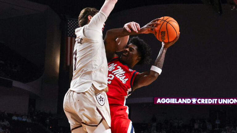 Ole Miss guard AJ Storr is fouled during Wednesday's game against Texas A&M. | Ole Miss Athletics