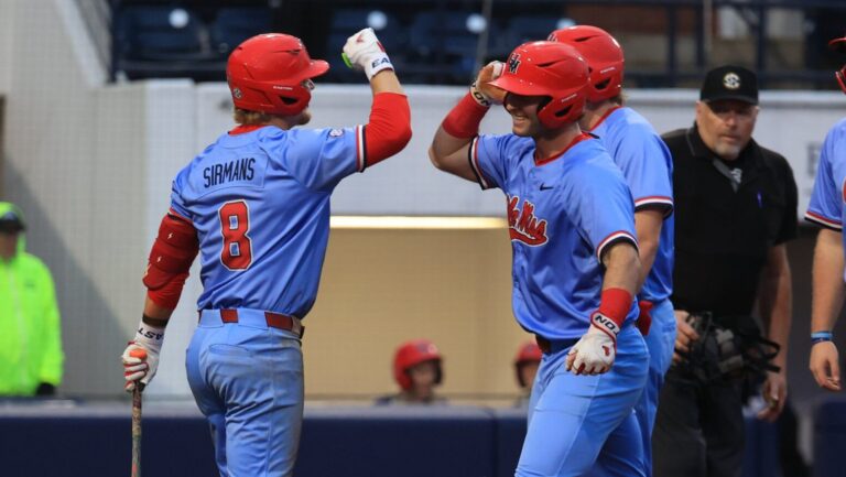 Ole Miss players celebrate Tristan Bissetta's home run against Jackson State at Swayze Field. | Ole Miss Athletics