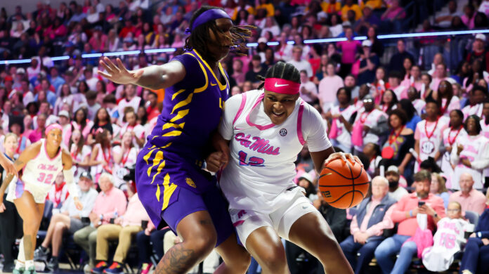 Ole Miss senior Christeen Iwuala drives into the paint during Thursday night's game against LSU. | Ole Miss Athletics