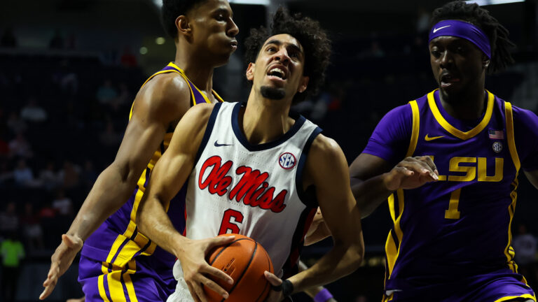 Ole Miss guard Ilias Kamardine drives to the basket during Wednesday's game against LSU. | Ole Miss Athletics