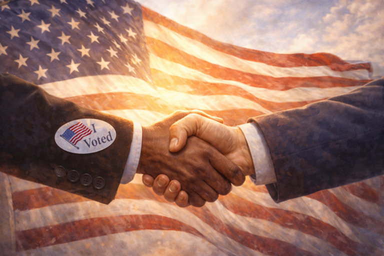 Two men in suits shake hands in front of an American flag, one wearing an “I Voted” sticker, symbolizing unity and civic responsibility.