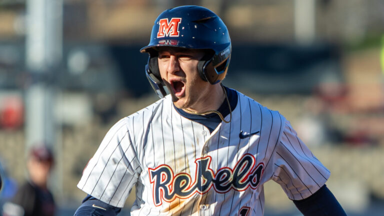 Ole Miss junior Brayden Randle reacts after reaching base safely against Missouri State. | Dylan Cohron/HottyToddy.com