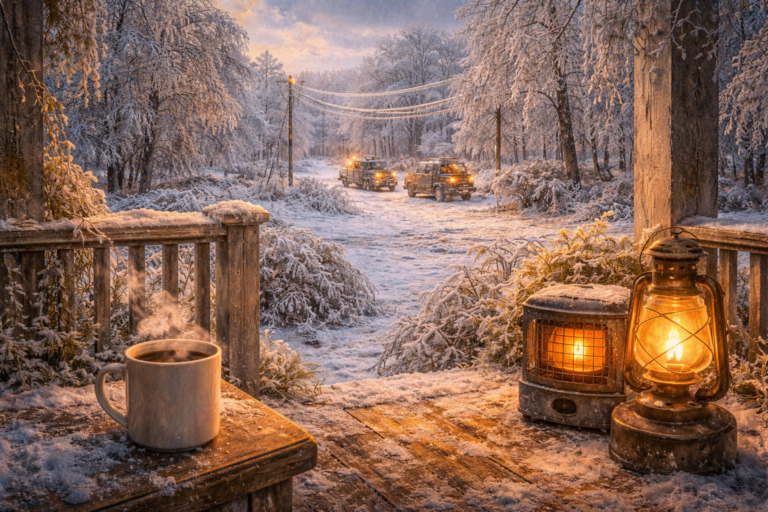 Steaming coffee and a glowing lantern on a rural porch overlook ice-covered trees and utility trucks working on frozen power lines during a Mississippi ice storm.