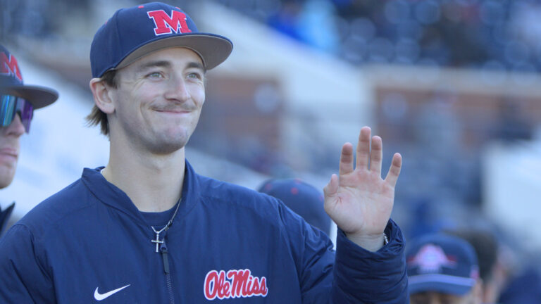 Ole Miss pitcher Cade Townsend waves to the crowd during Sunday's game against Missouri State. | Dylan Cohron/HottyToddy.com