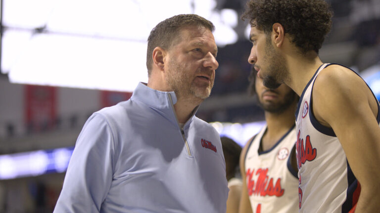 Ole Miss coach Chris Beard talks to guard Ilias Kamardine during Saturday's loss to No. 11 Florida. | Dylan Cohron, HottyToddy.com