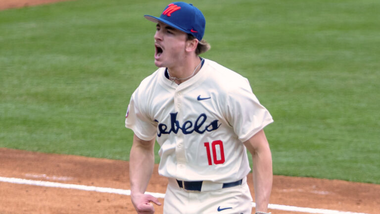 Ole Miss pitcher Cade Townsend reacts to a strikeout in Saturday's game against Missouri State. | Dylan Cohron/HottyToddy.com