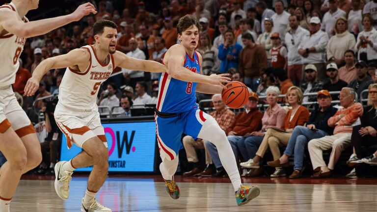 Ole Miss sophomore Eduardo Klafke drives the lane against Texas in Austin. | Ole Miss Athletics