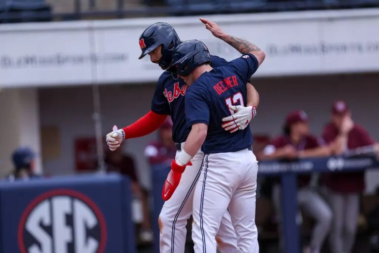 Ole Miss' Judd Utermak and Dom decker celebrate a home run against Missouri State on Friday night. | Ole Miss Athletics