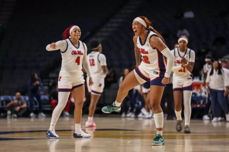 Ole Miss guard Cotie McMahon reacts during the Rebels' win against then-No. 5 Vanderbilt in Birmingham, Ala. | Ole Miss Athletics