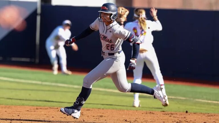 Ole Miss junior Laylonna Applin rounds the bases Monday against Miami. | Ole Miss Athletics