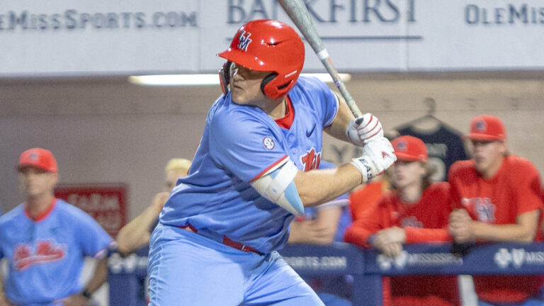Ole Miss first baseman Will Furniss waits for a pitch during Wednesday's game against North Alabama. | Dylan Cohron, HottyToddy.com