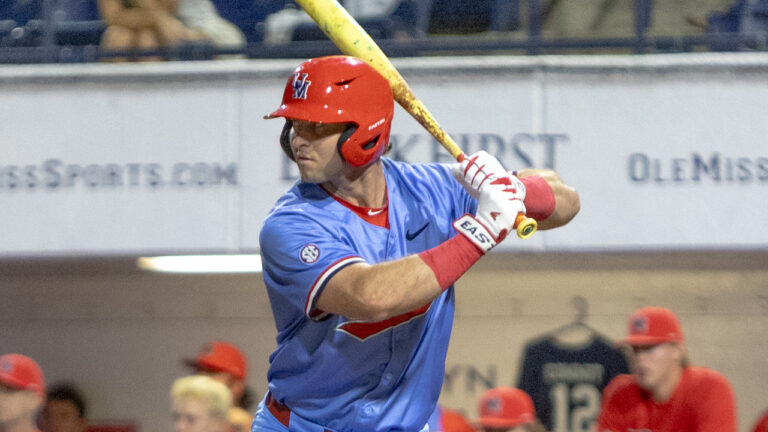 Ole Miss senior Tristan Bissetta waits for a pitch during a game against North Alabama in Oxford. | Dylan Cohron, HottyToddy.com
