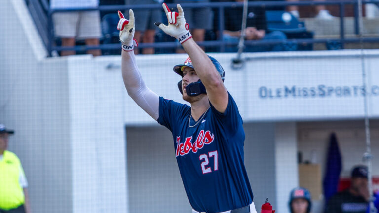 Ole Miss senior Judd Utermark celebrates a home run in Friday's double-header against Evansville. | Dylan Cohron-HottyToddy.com Images