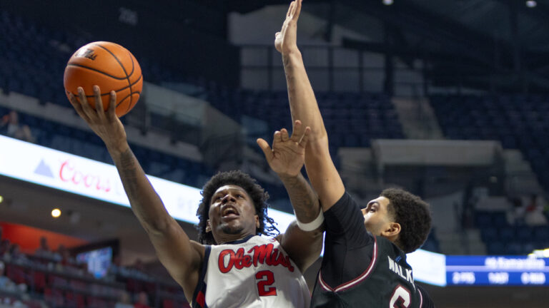 Ole Miss guard AJ Storr puts up a layup during Saturday's regular season finale against South Carolina in Oxford. | Dylan Cohrone-HottyToddy.com Images