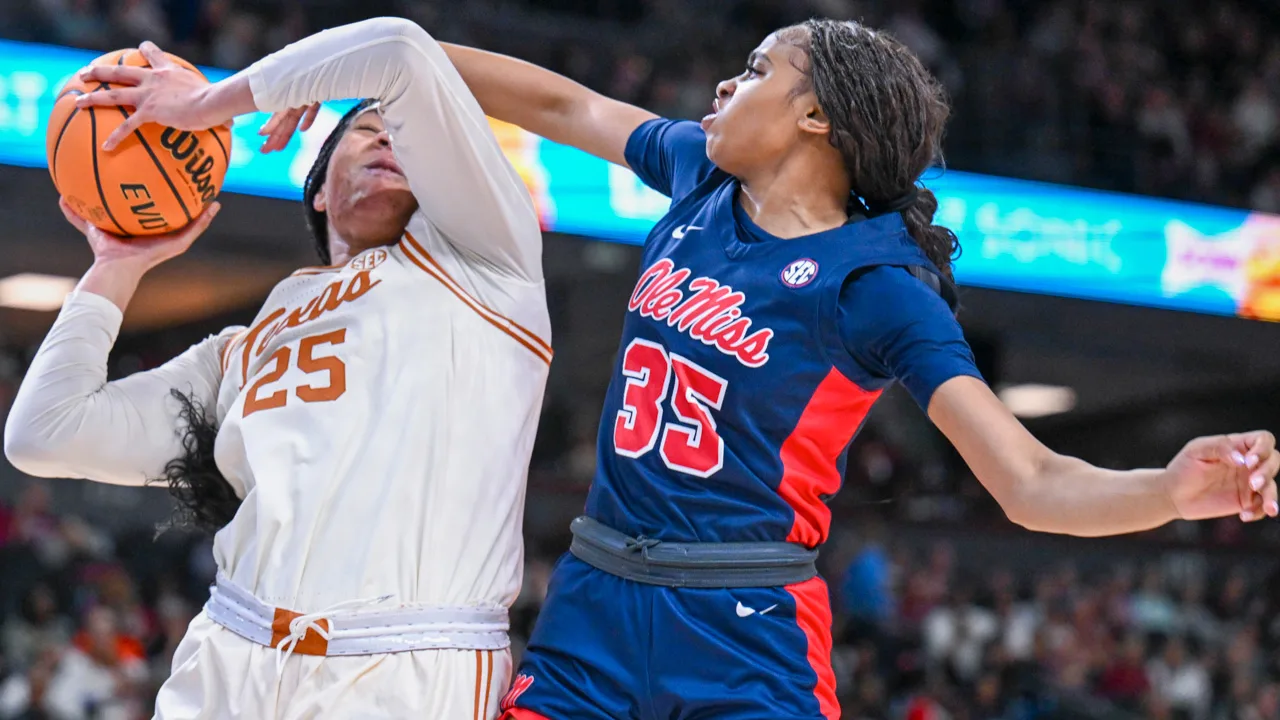Ole Miss' Tianna Thompson (35) and Texas’s Breya Cunningham (25)