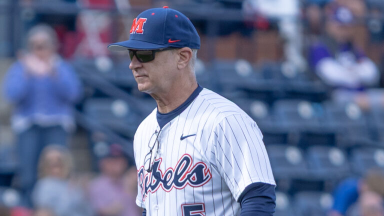 Ole Miss coach Mike Bianco walks off the field during a game against Evansville. | Dylan Cohron, HottyToddy.com Images