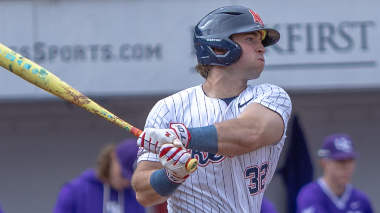 Ole Miss' Tristan Bissetta watches a ball he hit during a game against Evansville at Swayze Field. | Dylan Cohron, HottyToddy.com Images