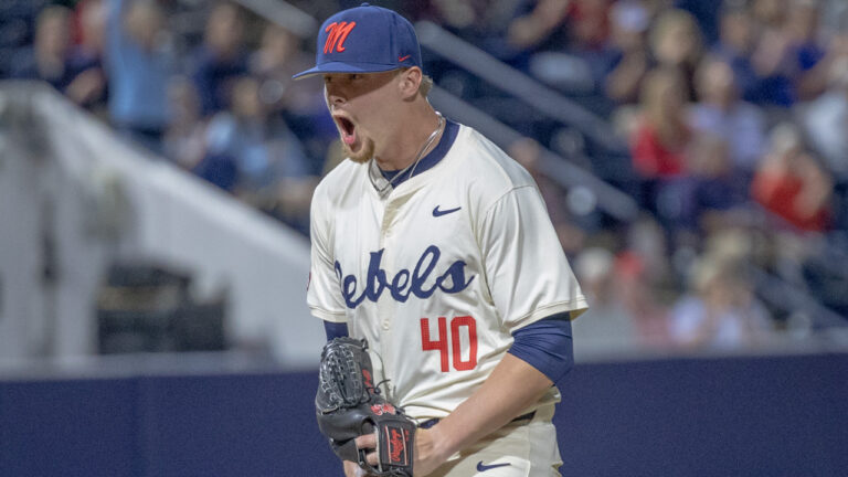 Ole Miss relief pitcher JP Robertson reacts after a strikeout against No. 15 Kentucky at Swayze Field. | Dylan Cohron, HottyToddy.com Images