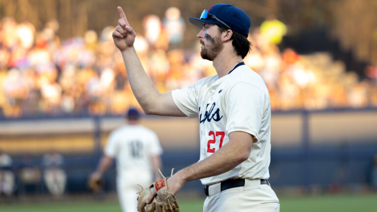 Ole Miss third baseman Judd Utermark signals during a SEC game against No. 15 Kentucky at Swayze Field. | Dylon Cohron-HottyToddy.com Images