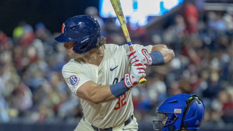 Ole Miss outfielder Tristan Bissetta at bat against then-No. 15 Kentucky at Swayze Field. | Dylan Cohron, HottyToddy.com Images