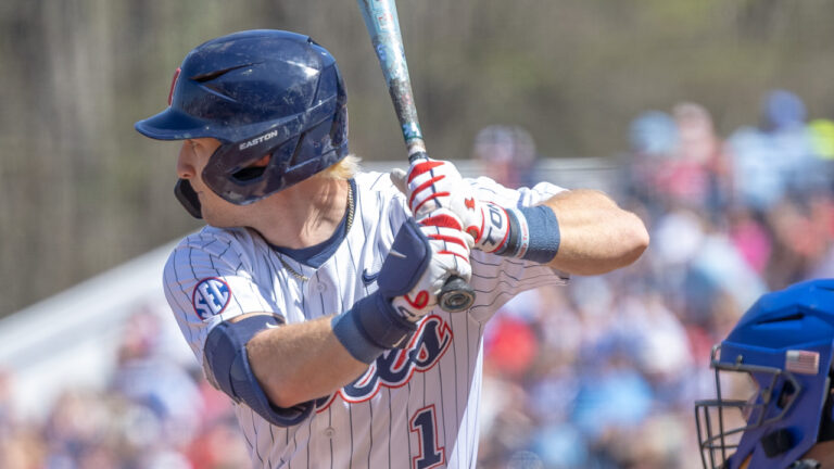 Ole Miss shortstop Brayden Randle waits for a pitch in a SEC game against No. 15 Kentucky at Swayze Field. | Dylan Cohron-HottyToddy.com Images