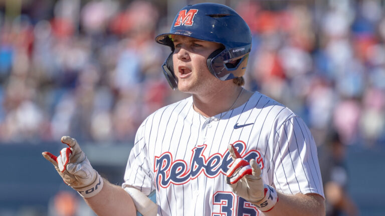 Ole Miss first baseman Will Furniss reacts during a SEC game against No. 15 Kentucky. | Dylan Cohron, HottyToddy.com Images