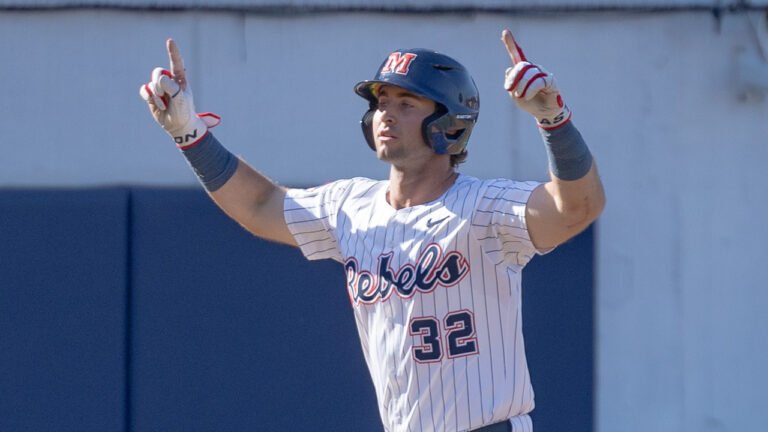 Ole Miss outfielder Tristan Bissetta celebrates a home run against No. 15 Kentucky. | Dylan Cohron, HottyToddy.com Images