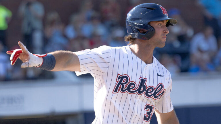 Ole Miss outfielder Tristan Bissetta reacts to hitting a home run against No. 15 Kentucky at Swayze Field. | Ole Miss Athletics
