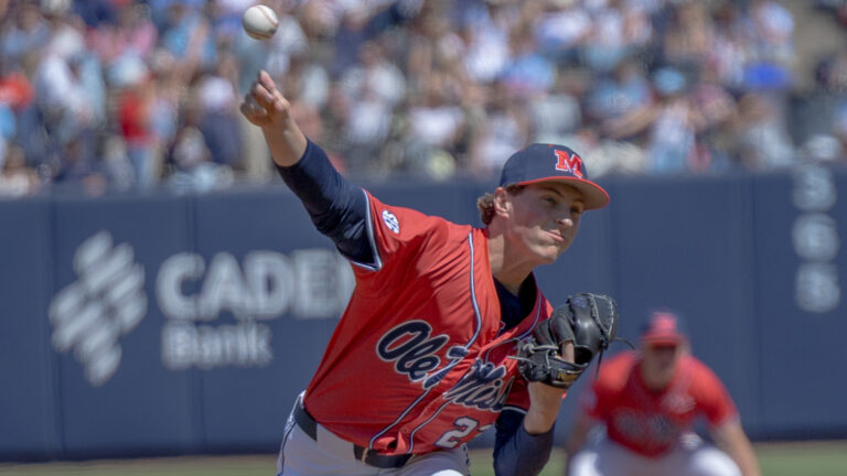 Ole Miss pitcher Hudson Calhoun started Saturday's game against Mississippi State at Swayze Field. | Dylan Cohron, HottyToddy.com Images