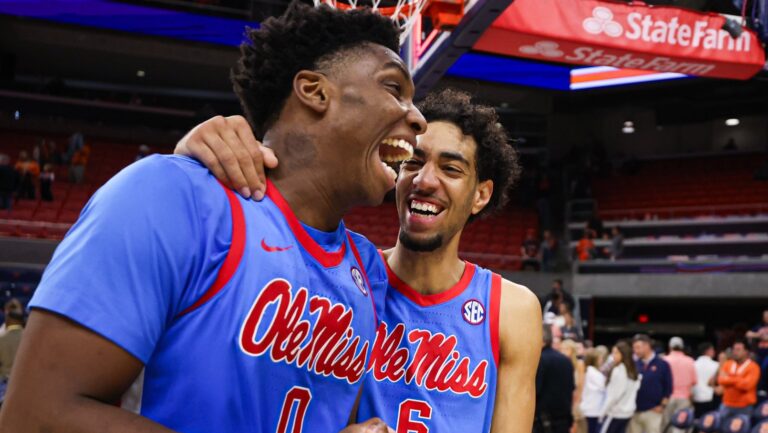 Ole Miss' Malik Dia and Ilias Kamardine celebrate Saturday night's win against Auburn. | Ole Miss Athletics
