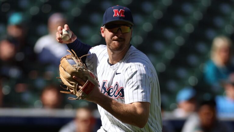 Ole Miss third baseman Judd Utermark looks towards first base during Sunday's game against No. 9 Coastal Carolina in Houston. | Ole Miss Athletics
