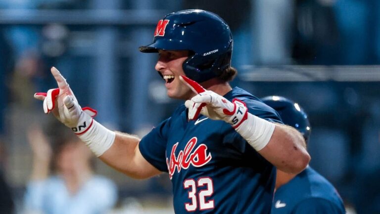 Ole Miss outfielder Tristan Bissetta crosses home plate after hitting a home against Kentucky at Swayze Field. | Ole Miss Athletics